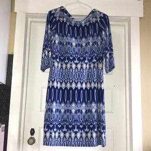 Donna Morgan Blue & White Geometric Stretch Patterned Dress 3/4 Sleeves